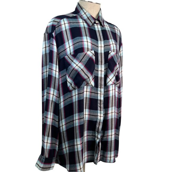 EXPRESS Oversized Navy & Pink Plaid Button-Up Shirt with Tab Sleeves Size Large - Picture 7 of 8
